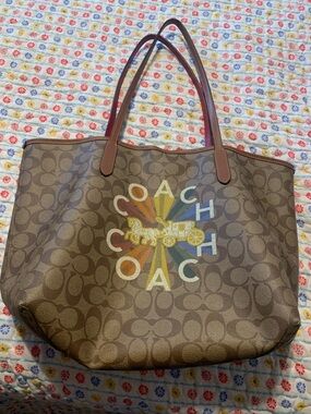 Coach Brown Signature Canvas Rainbow Logo Tote